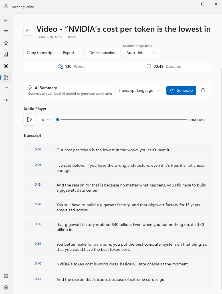 MeetingScribe — Transkript-Ansicht: Audio-Aufnahme mit Zeitstempeln pro Segment, Audio-Player und Export-Optionen
